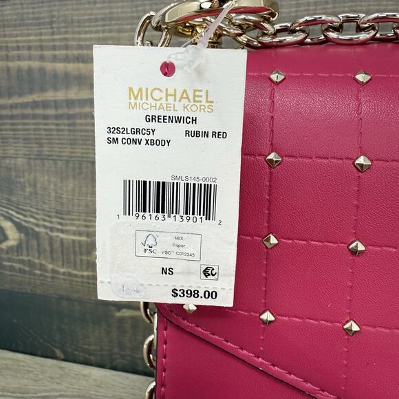 Michael Kors Small Studded Pink Rubin Red Quilted Crossbody Bag Purse - Picture 3 of 12